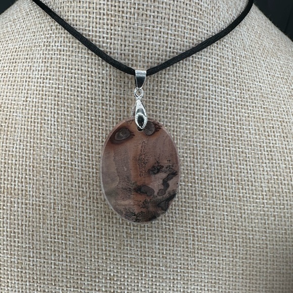 Oval Red Flower Picture Jasper Pendant on Black Satin Rope - Picture 4 of 13